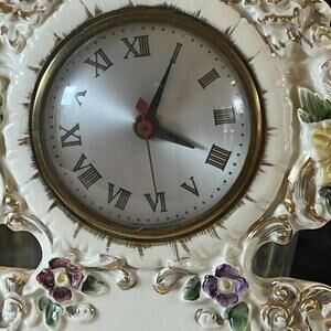 Sessions Mantle Clock Ceramic Ivory Embossed Flowers Electric  10” Vintage Works